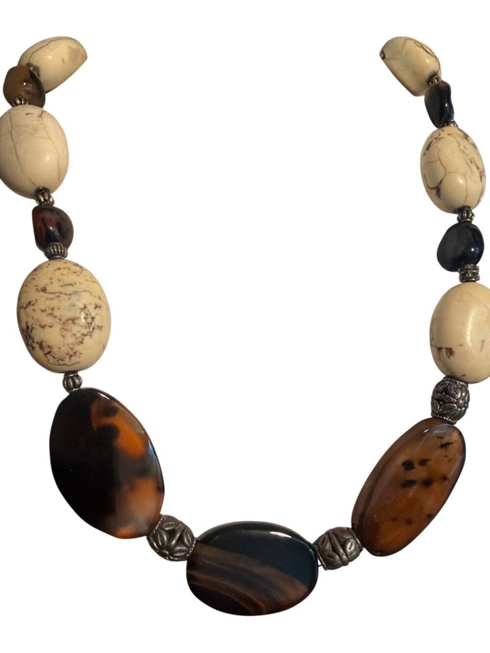 Vintage Glass Agate Howlite Beaded Necklace Brown Cream Toggle Clasp Chunky 18"